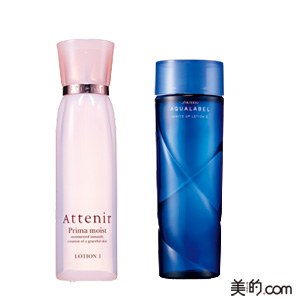 右／資生堂 アクアレーベル　ホワイトアップローション（S）（医薬部外品）　200ml ￥1,400（編集部調べ） 左／アテニア プリマモイスト ローションⅠ 　150ml ￥2,095