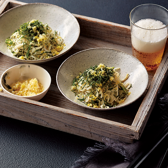 おかひじきとすりおろしレモンのそうめんパスタ