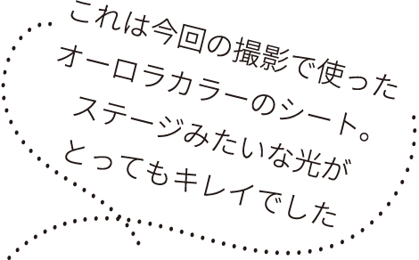 これは今回の撮影で使ったオーロラカラーのシート。ステージみたいな光がとってもキレイでした